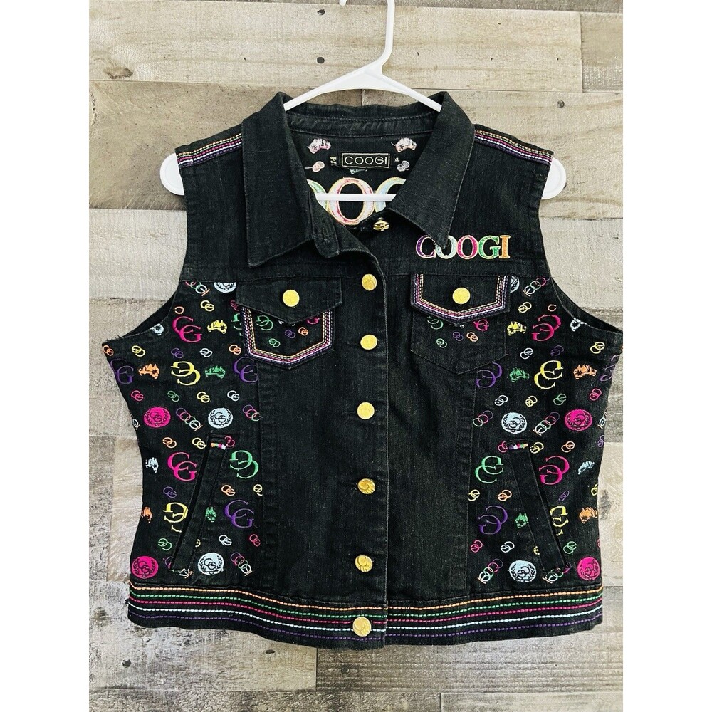 Super Fun COOGI Australia Black Denim Embroidered Vest Y2K 90s Festival Size XL